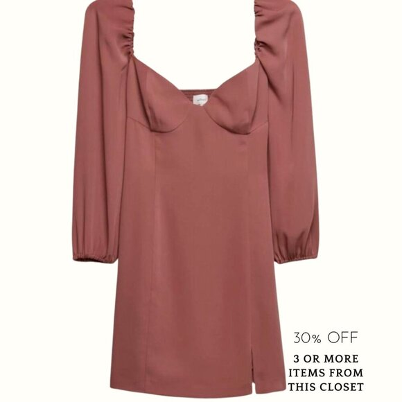 NWT Wilfred Novella Puff-Sleeve Mini Dress With Slit in Ashy Rose Pink - Picture 2 of 7